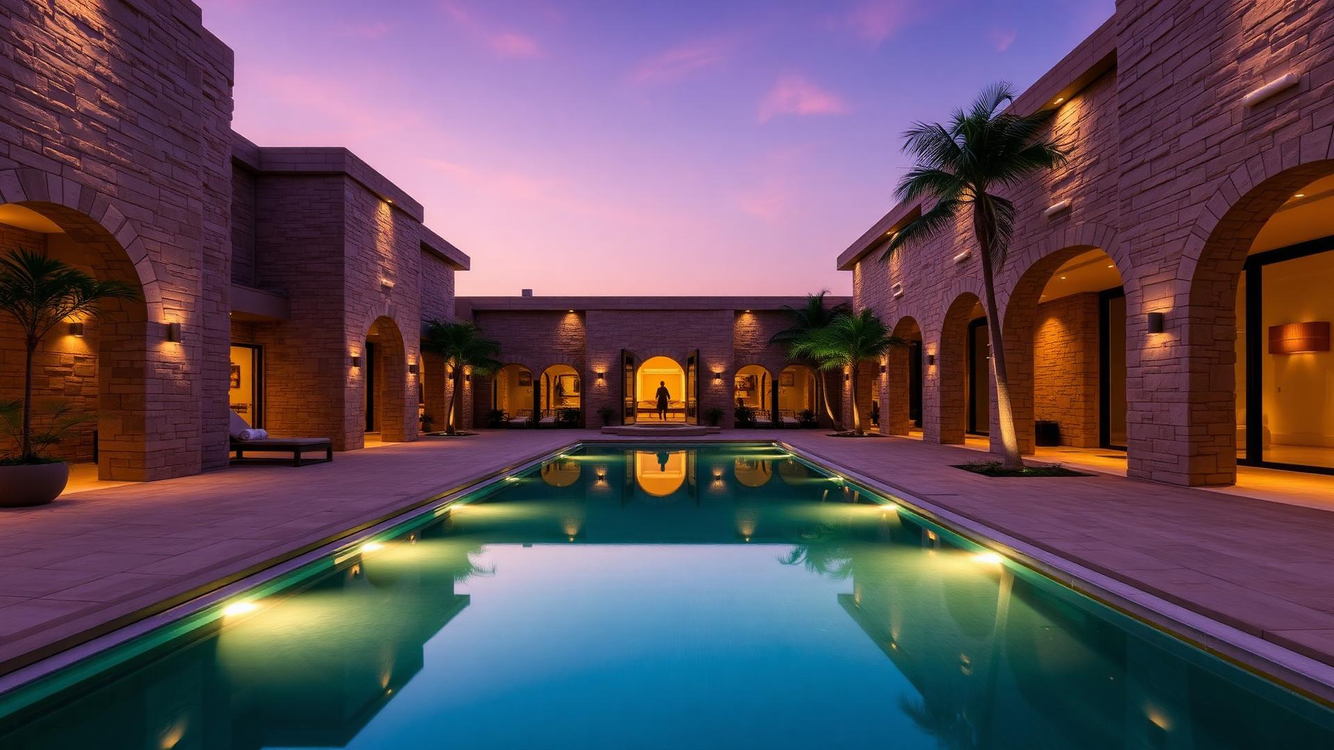Indian luxury mansion courtyard at twilight
